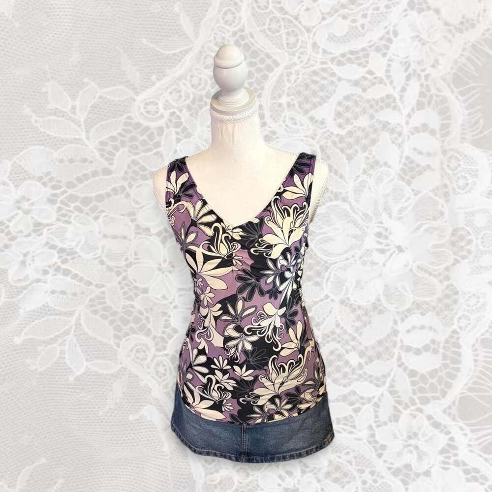 Elle Sport Floral Ruched Tank Top Size Large Y2K Vintage Purple Black